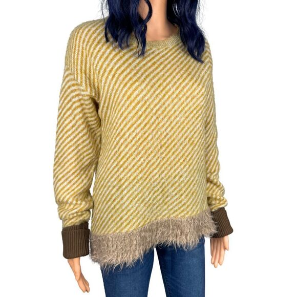 TELA Women's Striped Knit Sweater Fur Trim Mohair Wool - Picture 3 of 6